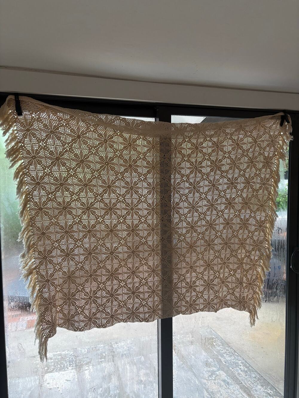 Vintage Handmade Crochet Throw | Cream Ivory Fringed Boho Cottage Blanket